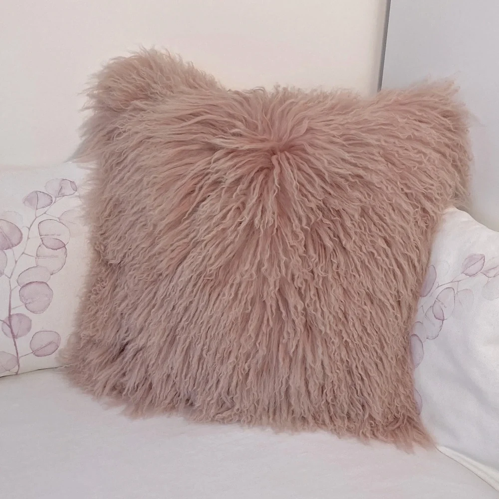 West Elm Mongolian Lamb Fur Pillow cover pink 24”